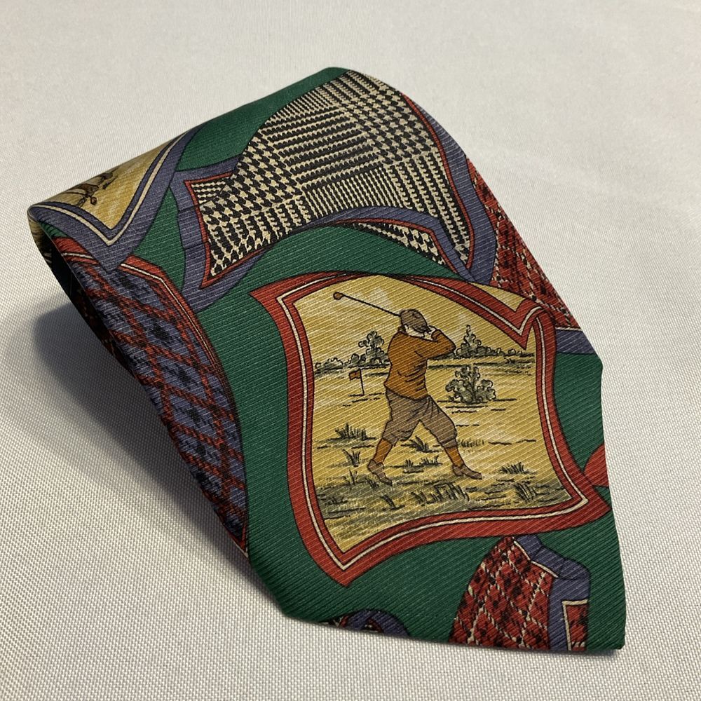 Vintage Nautica Necktie Retro Golfer Scene‎ Themed 100% Silk Tie  Green